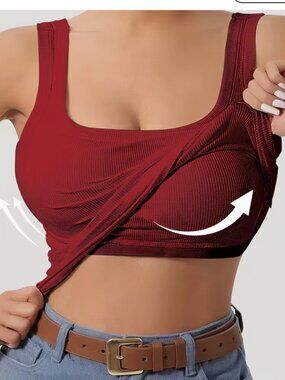 Burgundy Wine Ribbed Square Neck Tank Large Built-In Bra Stretchy Removable Pads